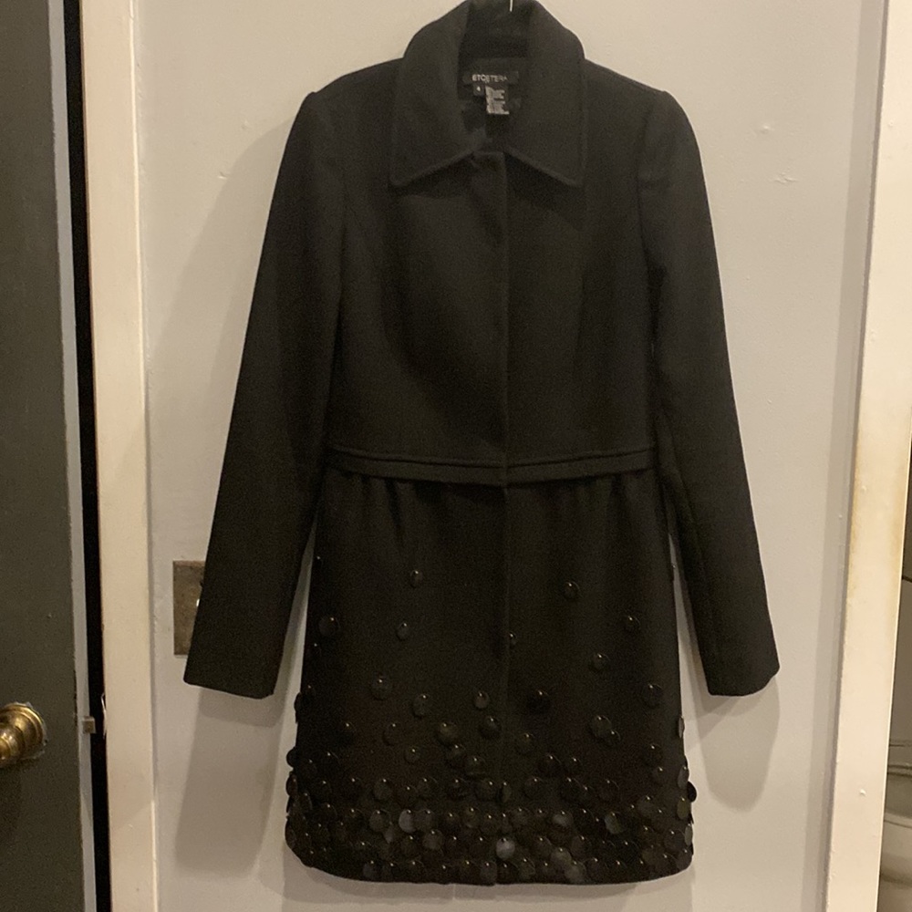 ETCETERA Coat, size 4 black with round leather discs adornment on bottom. EUC